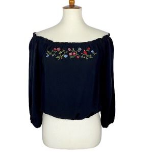 M VTG Candies Black 3/4 Sleeve Crop Off Shoulder Embroidered Peasant Blouse Top